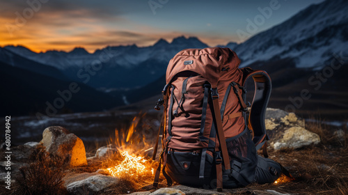 hiker bag on the top of mountains