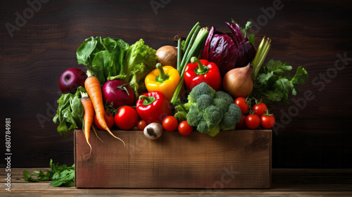 Various, fresh and vegetables on a dark background for market, shopping or organic farming. Colourful, mixed and produce in a brown wooden box for wellness cooking and health, lifestyle, and diet
