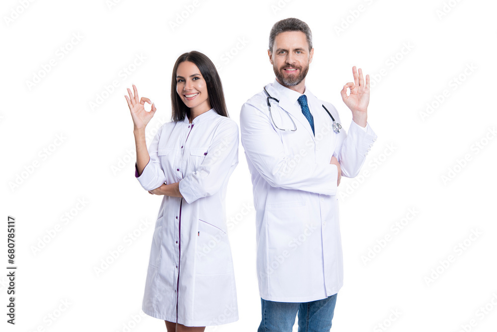 two nurse and doctor in medicine hospital. healthcare physician doctor isolated on white. medicine and healthcare. doctor show advertisement, ok. medical service advertisement. Healthcare advertising two nurse and doctor in medicine hospital. healthcare physician doctor isolated on white. medicine and healthcare. doctor show advertisement, ok. medical service advertisement. Healthcare advertising