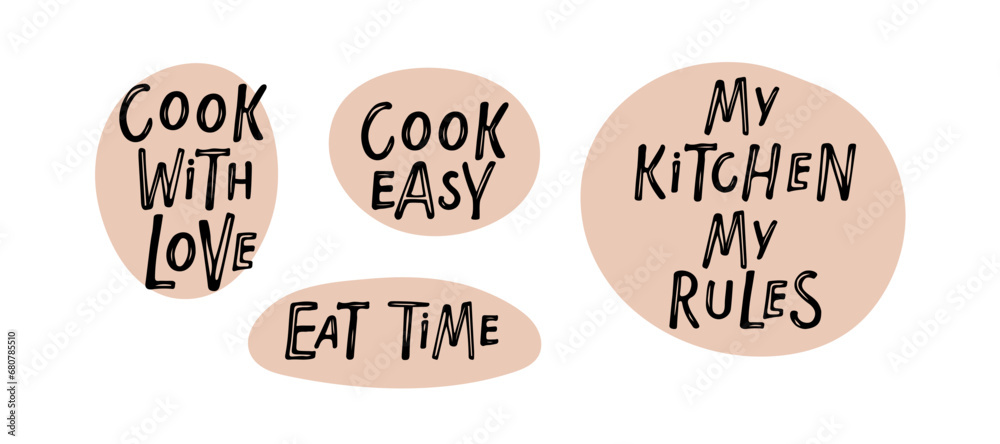 Set of hand lettering quotes for kitchen and cooking. Texts on Cutting board. Kitchen Poster, banner, cookware print, badge, label for shop, kitchen classes, cafe, food studio. Handwritten phrases.