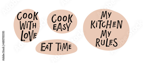 Set of hand lettering quotes for kitchen and cooking. Texts on Cutting board. Kitchen Poster, banner, cookware print, badge, label for shop, kitchen classes, cafe, food studio. Handwritten phrases.