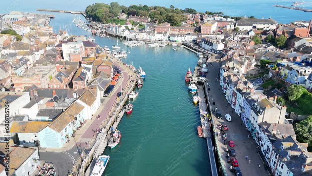 Weymouth Harbour Dorset UK pull back drone aerial reverse reveal Weymouth Harbour Dorset UK pull back drone aerial reverse reveal
