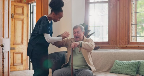 Old man, walking stick or nurse in nursing home to help in retirement for wellness or medical support. Parkinson, black woman or caregiver with an elderly person in physical therapy or rehabilitation photo