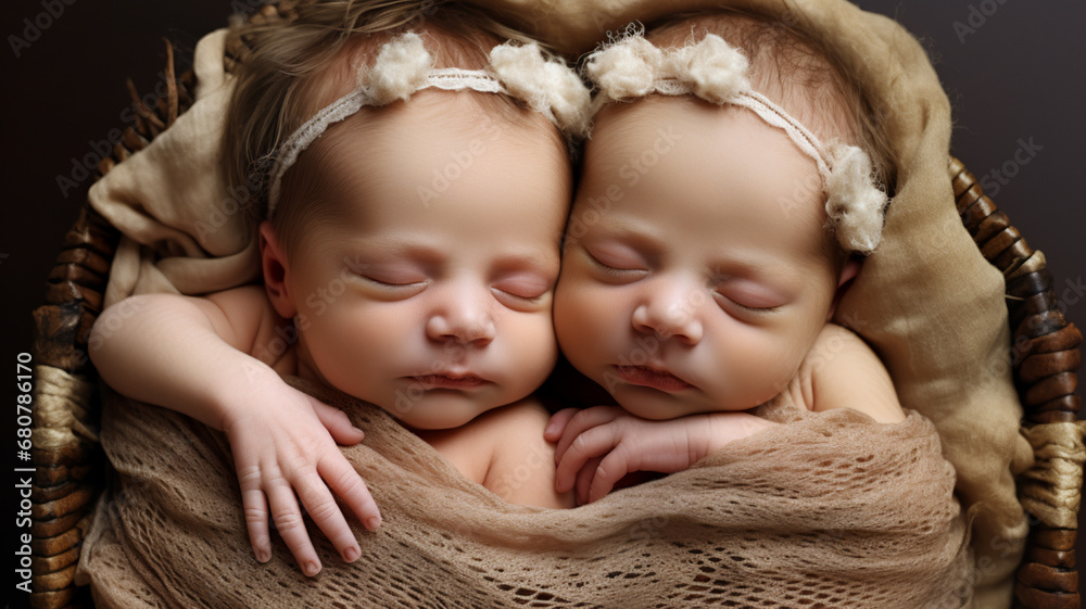 twins sisters newborn in the winding and in a basket, AI Generative. twins sisters newborn in the winding and in a basket, AI Generative.