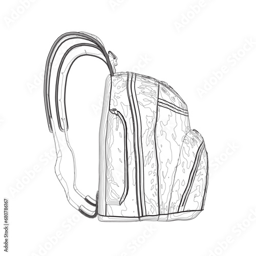 Outline of a large backpack made of black lines isolated on a white background. Isometric view. Vector illustration.