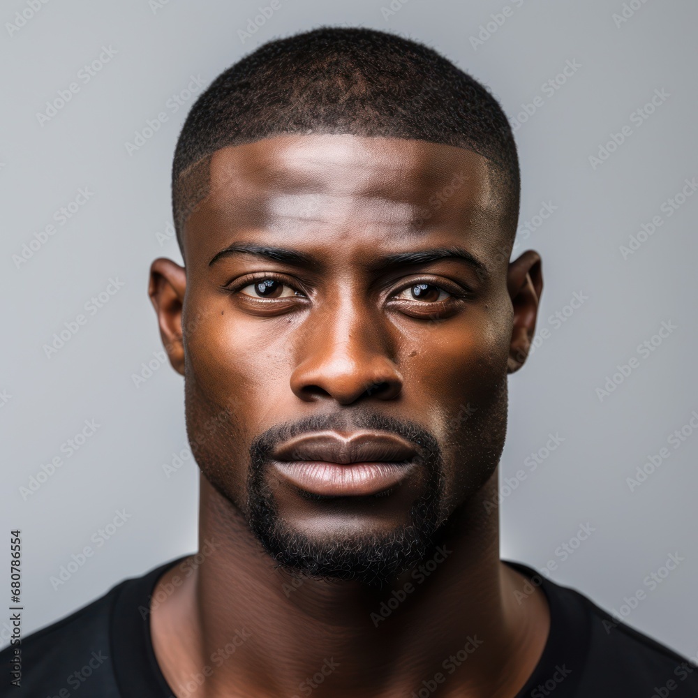 Obraz premium portrait of Cool black american man in dark suit. Studio fashion shot isolated on grey background.