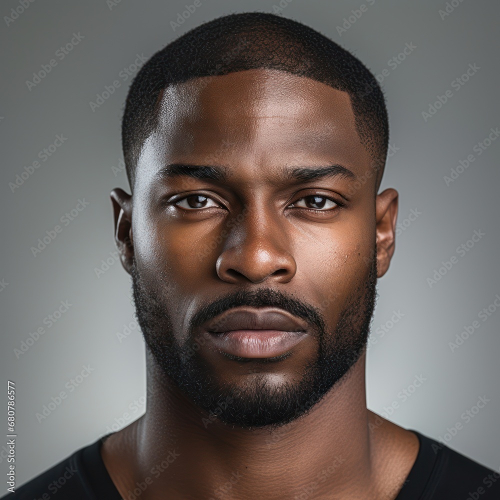 Obraz premium portrait of Cool black american man in dark suit. Studio fashion shot isolated on grey background.