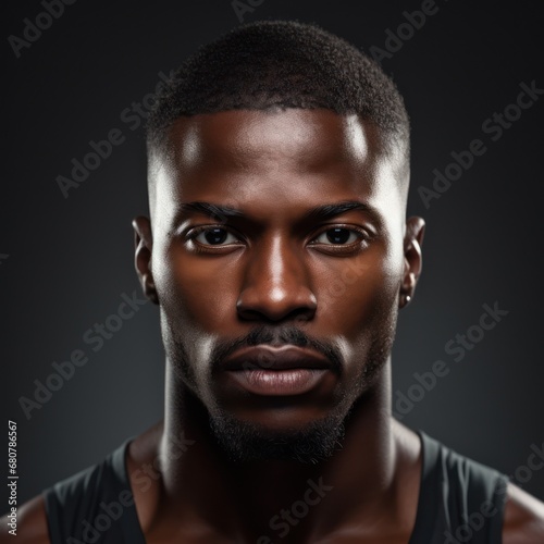 portrait of Cool black american man in dark suit. Studio fashion shot isolated on grey background.