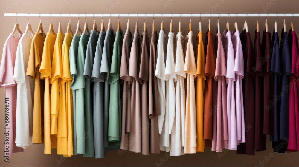 Colorful t - shirts hanging on hangers on a wall. Generative AI.