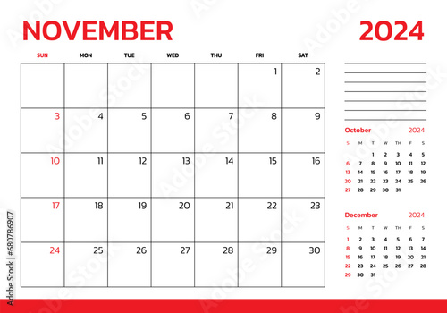November 2024 Calendar. Week start on Sunday. Desk calendar 2024 design, simple and clean design, Wall calendar for print, digital calendar, Corporate design planner template vector.