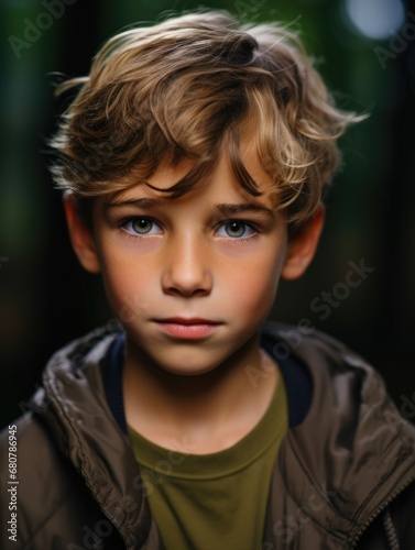 A young boy with blonde hair and green eyes. Generative AI.