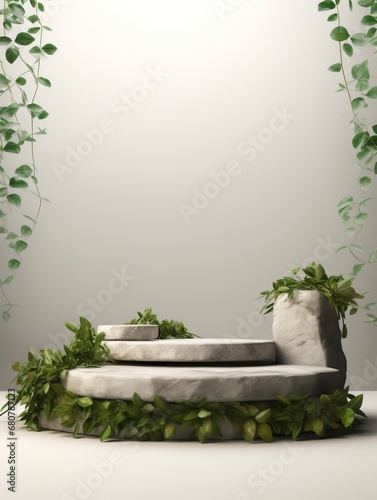 Green leaves and stone slabs product display, white podium and platforms, 3d rendering, generative ai