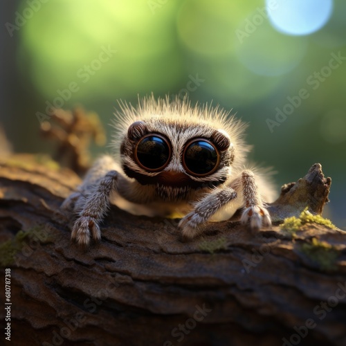 A cute small spider with big eyes sitting on a branch. Generative AI.