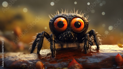 A cute kawaii spider with big eyes and red eyes. Generative AI.