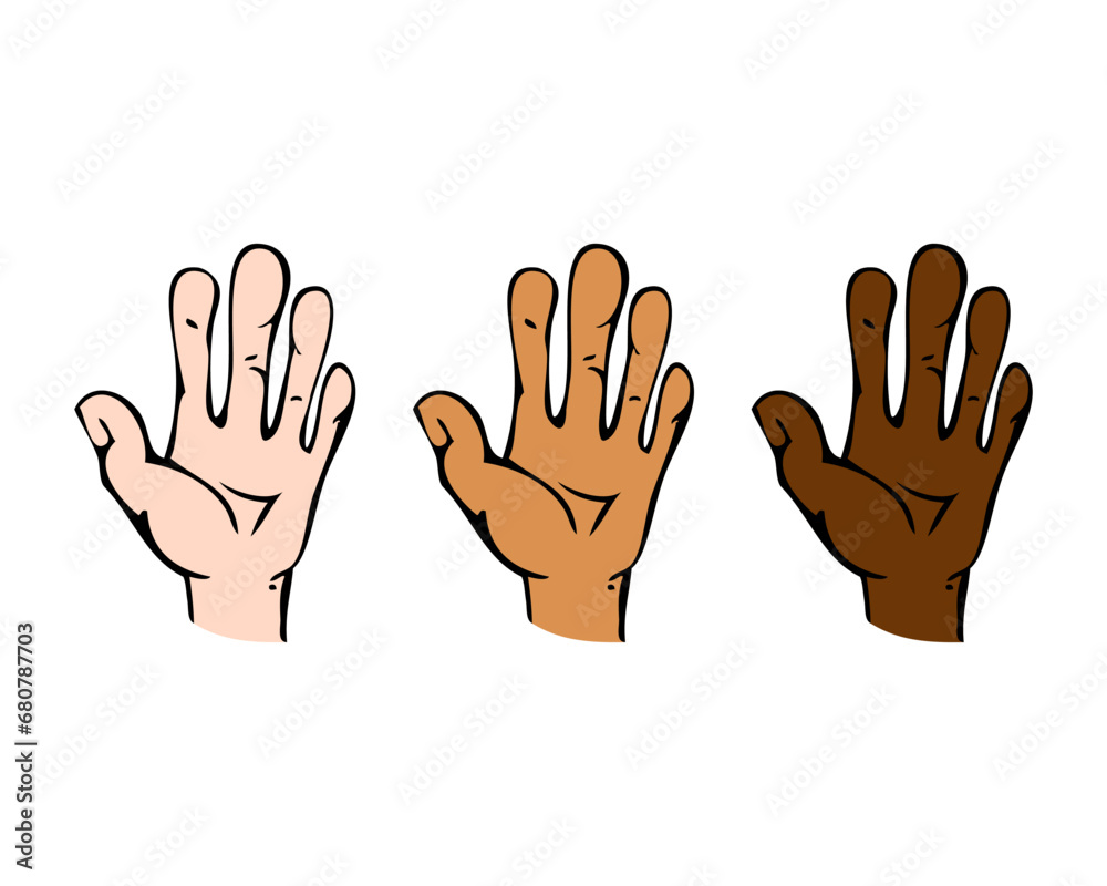 Raised hand with open palm in view in vector with different color skin tone variations