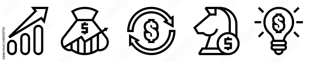 Conjunto de iconos de inversión. Finanzas. Gráfico de crecimiento, bolsa de valores, flujo de dinero, estrategia financiera, idea de negocio. Ilustración vectorial Conjunto de iconos de inversión. Finanzas. Gráfico de crecimiento, bolsa de valores, flujo de dinero, estrategia financiera, idea de negocio. Ilustración vectorial