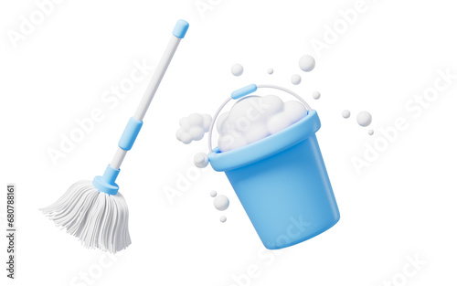 Cartoon mop and pail, do housework, 3d rendering.
