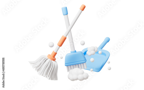 Cartoon mop and broom in the yellow background, 3d rendering. photo