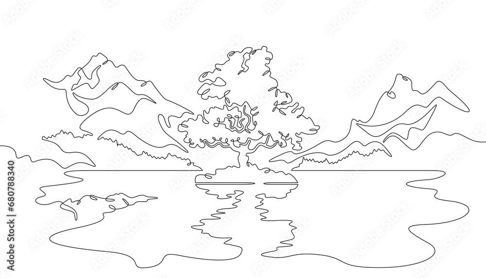 Big beautiful tree on the shore of a mountain lake. Reflection in water. Beautiful mountain landscape. One continuous line drawing. Linear. Hand drawn, white background. One line.