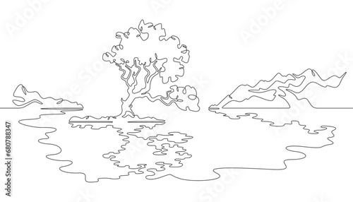 Big beautiful tree on the shore of a mountain lake. Reflection in water. Beautiful mountain landscape. One continuous line drawing. Linear. Hand drawn, white background. One line.