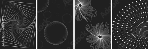 A set of posters made of shapes and wireframe mesh. Black and white linear retro design elements. 3D. Y2k . Vector illustration for social media or posters.