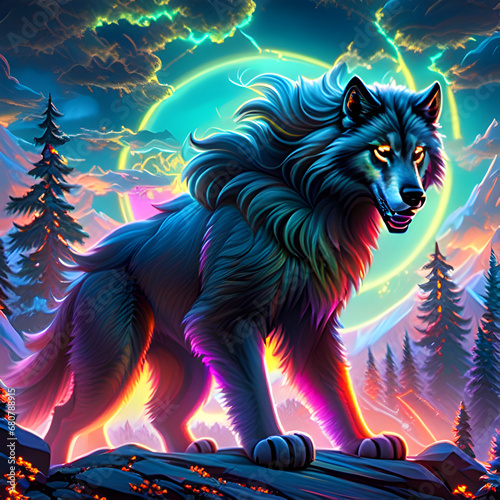 a colorful wolf with a colorful background  Ai generate-wolf howling at the moon