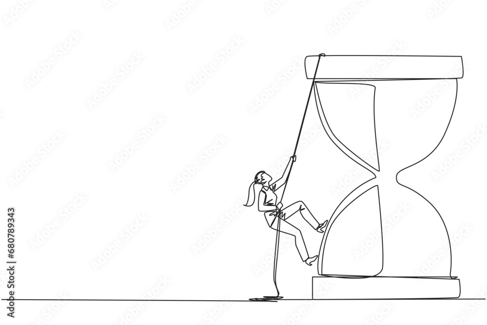 Continuous one line drawing businesswoman climbs hourglass with rope. Countdown is set. Deadline is coming soon. Time management must be good. Work smart. Single line draw design vector illustration - obrazy, fototapety, plakaty 