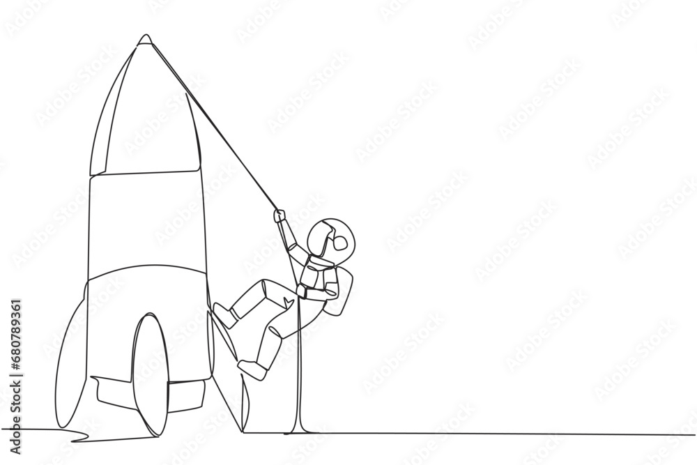 Single one line drawing young astronaut climbs rocket with rope. Set the intention to open a new branch. Work hard to expand the business. Smart hard work. Continuous line design graphic illustration Single one line drawing young astronaut climbs rocket with rope. Set the intention to open a new branch. Work hard to expand the business. Smart hard work. Continuous line design graphic illustration
