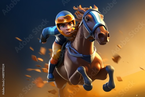 Vászonkép Animated Jockey Riding Gallant Steed in Race