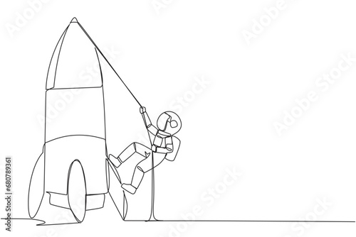 Single one line drawing young astronaut climbs rocket with rope. Set the intention to open a new branch. Work hard to expand the business. Smart hard work. Continuous line design graphic illustration