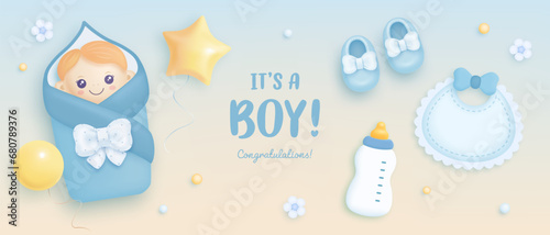 Baby shower horizontal banner with cartoon baby boy, shoes, bottle, bib and helium balloons on blue background. It's a boy. Vector illustration