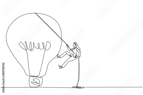 Continuous one line drawing businesswoman climbing lightbulb with rope. Trying to reach high places to get useful fresh ideas. For the company's benefit. Single line draw design vector illustration