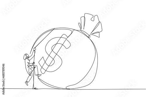 Single one line drawing Arabian businesswoman climbs money bag with rope. Work harder to get very large retirement fund. Bring out abilities to the maximum. Continuous line design graphic illustration