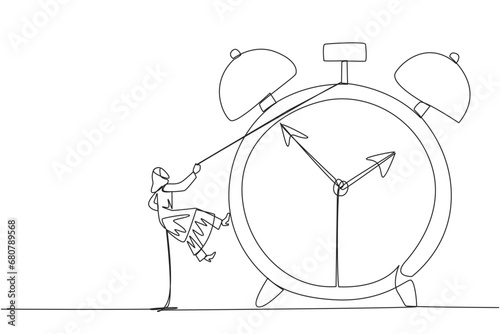 Single one line drawing Arab businesswoman climbs alarm clock with rope. Work carefully to complete each task. Work perfectly without any errors. Work hard. Continuous line design graphic illustration