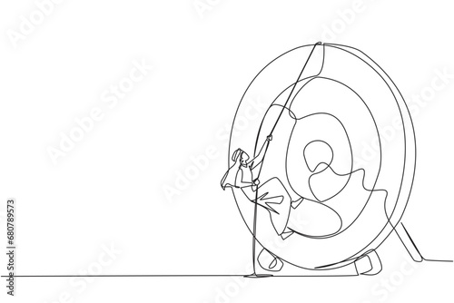Single one line drawing Arab businessman climbs arrow board target with rope. Struggle very persistently to achieve the best. Smart work produces results. Continuous line design graphic illustration
