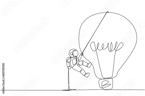 Single one line drawing astronaut climbing lightbulb with rope. Trying to reach high places to get useful fresh ideas. For the company's benefit. Work hard. Continuous line design graphic illustration