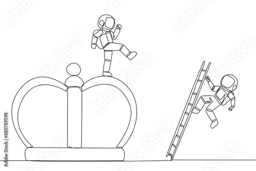 Single one line drawing astronaut kicks opponent who is climbing the crown with a ladder. Making rivals fall from the business glory. Unhealthy competition. Continuous line design graphic illustration
