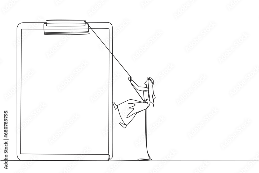 Single continuous line drawing Arabian businessman climbing clipboard with rope. Extra effort to work on reports optimally. The final report is awaited. Work hard. One line design vector illustration - obrazy, fototapety, plakaty 