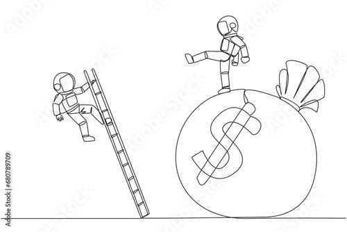 Single one line drawing astronaut kicks opponent who is climbing the money bag with a ladder. Cheated by a business partner. Unprofitable business. Rival. Continuous line design graphic illustration