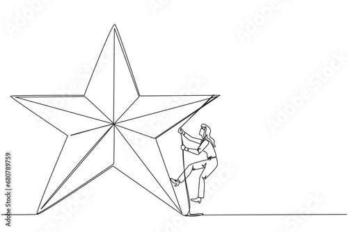 Single continuous line drawing businesswoman climbing the star with rope. Entrepreneurs strive extra hard to reach the goals hang in the stars. Dream come true. One line design vector illustration photo