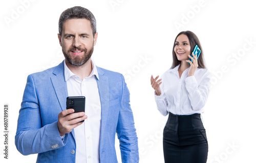 Businesspeople using phone for communication. Business communication in office. Business negotiation call. Phone call to colleague. Businesspeople chatting on phone isolated on white. Email