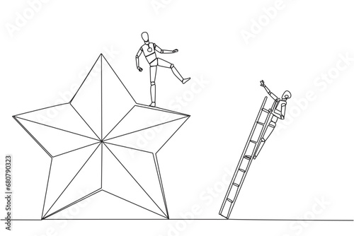 Continuous one line drawing smart robot kicks opponent who is climbing the star with the ladder. Dropping opponents from achieving the same dream. Rival. Single line draw design vector illustration