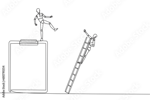 Single continuous line drawing smart robot kicks opponent who is climbing a big clipboard with a ladder. The bully will ruin the daily report. Chase away bullies. One line design vector illustration
