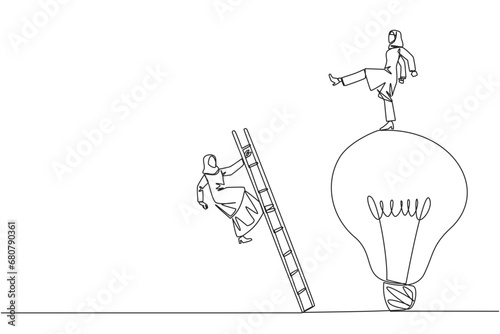 Single continuous line drawing Arab businesswoman kicks opponent who climbs lightbulb with a ladder. Dropping colleague because don't have bright ideas. Traitor. One line design vector illustration