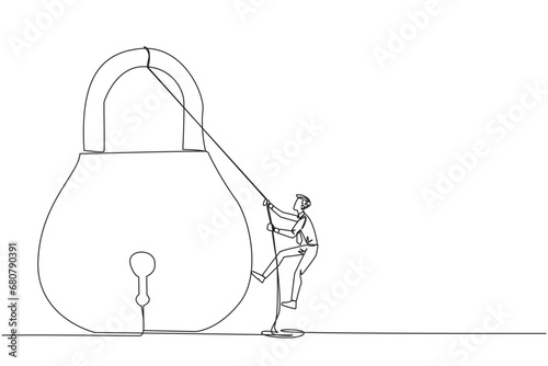 Single continuous line drawing businessman climbing padlock with rope. Do the best to privatize the business. Sole owner. The result of smart hard work. Satisfied. One line design vector illustration