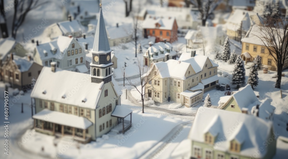 Obraz premium Winter Cityscape with Snow-Covered Bridge and Village, Featuring Old Buildings, Abandoned Factories, and Urban Ruins