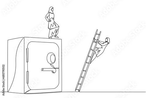 Single one line drawing Arab businesswoman kicks opponent who climbs safe deposit box with ladder. Dropped roughly. Unable to save important files. Rival. Continuous line design graphic illustration