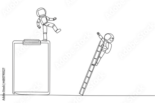 Single one line drawing astronaut kicks opponent who is climbing a big clipboard with a ladder. The bully will ruin the daily report. Chase away bullies. Continuous line design graphic illustration