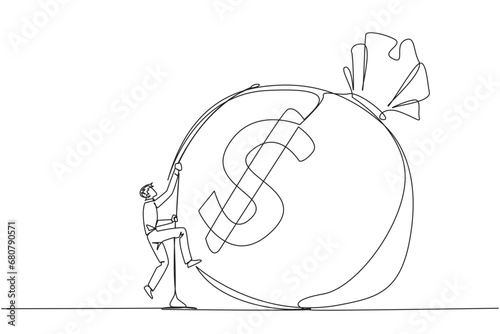 Continuous one line drawing businessman climbing money bag with rope. Work harder to get a very large retirement fund. Bring out abilities to the maximum Single line draw design vector illustration