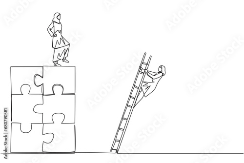 Single one line drawing Arab businesswoman kicks opponent who climbs the puzzle with stairs. Betrayed by colleague when successfully resolving a problem. Continuous line design graphic illustration